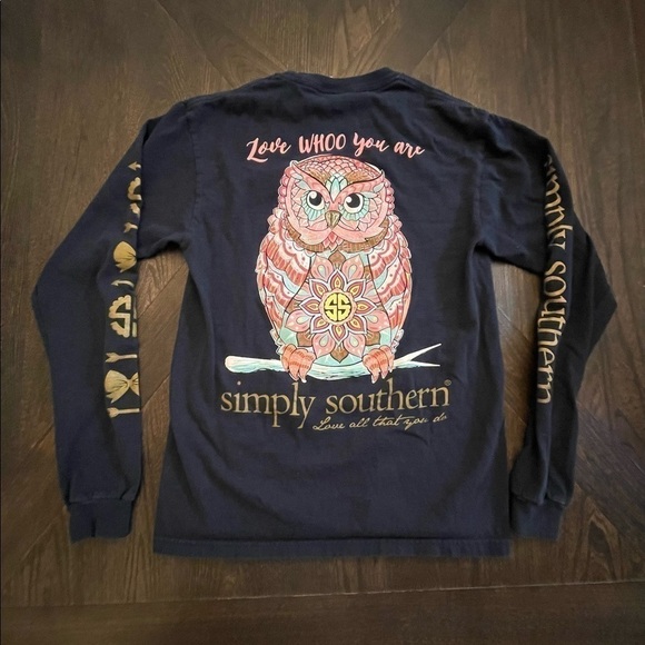 Simply Southern Owl Long Sleeve Tee Navy Blue Small - Picture 1 of 3
